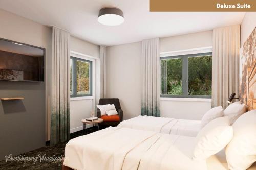 a bedroom with two white beds and windows at Hotel Zur Post in Ismaning