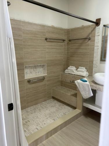 a bathroom with a shower with a toilet and a sink at Lavista Antigua in Bats Cave