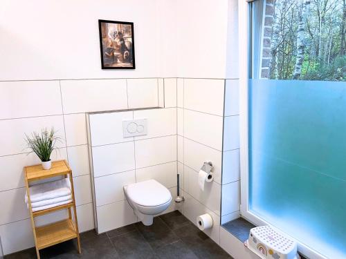 NEU "Poseidon" Papenburg ebenerdig rollstuhlgerecht 84 qm Neubau EBK Free Wifi NEU في بابينبورغ: حمام مع مرحاض ودش