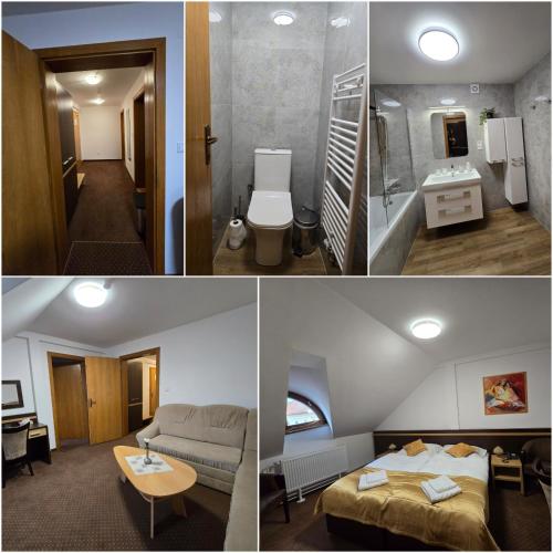 a collage of three pictures of a room at Hotel Čierny Orol in Rožňava