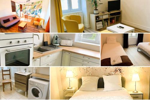 a collage of pictures of a kitchen and a living room at L'Ecrin Marin Centre historique Plage à 5 min in Le Croisic
