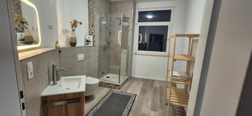 a bathroom with a shower and a toilet and a sink at Midtown Geeste Appartement - Free Parking & WiFi in Bremerhaven