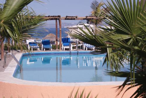 a swimming pool with blue chairs and palm trees at Club Cantamar Beach Hotel & Marina in La Paz