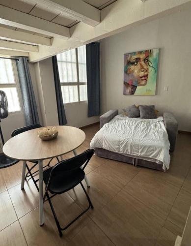 Exclusive Studio Apartment in the Old City Cartagena في كارتاهينا دي اندياس: غرفة نوم بها سرير وطاولة وكراسي