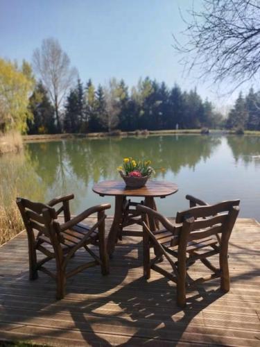 a picnic table and two chairs next to a lake at Domaine des pins A la belle étoile 