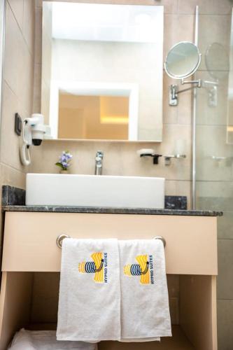 un bagno con un lavandino e un asciugamano su un bancone di HYPNOSE HOTEl a Lubumbashi
