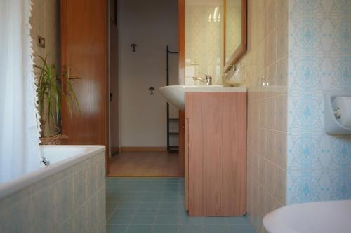 a bathroom with a sink and a tub and a toilet at Casa vacanze Danoi Dolomiti in Canale dʼAgordo