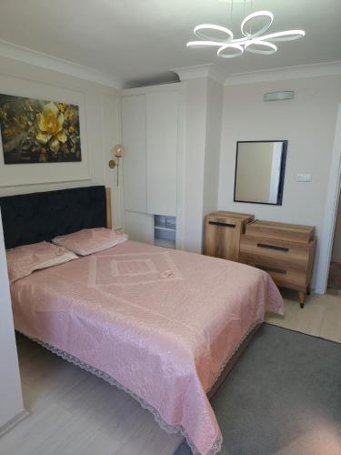 a bedroom with a pink bed and a dresser at Sama house in Rize