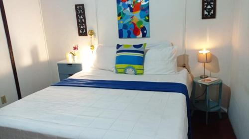 una camera da letto con un letto bianco con una coperta blu di Cómodo Céntrico y Confortable a Managua