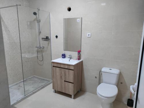 a bathroom with a shower and a toilet and a sink at Residencial oliveira in Porto Novo