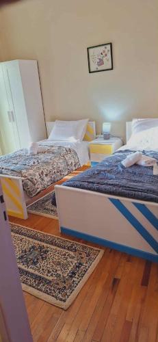 zwei Betten in einem Zimmer mit zwei Teppichen in der Unterkunft levanta in Konitsa