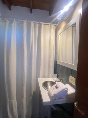a bathroom with a sink and a shower curtain at Mirando al Mar I in Mar Azul