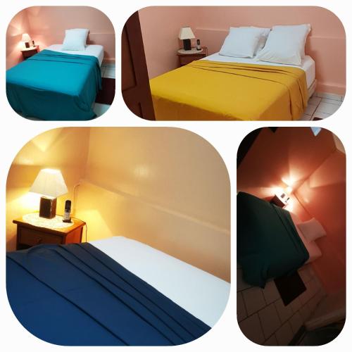 a collage of four pictures of a hotel room at La Case Saint-Pierre in Saint-Pierre