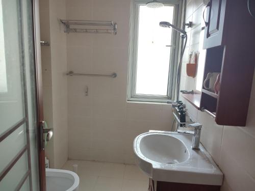 ein Badezimmer mit Waschbecken und Toilette und einem Fenster in der Unterkunft Jianjia Homestay in Zhengzhou