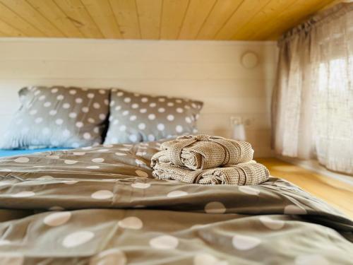 a bed with two towels on it in a bedroom at Jemiołucha Glamp in Bodzentyn