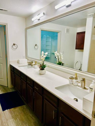 a bathroom with two sinks and a large mirror at Cozy & Chic Frisco Scape in Frisco