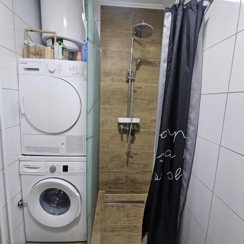 a shower in a bathroom with a washing machine at FRIENDLY HOME in Tuzla