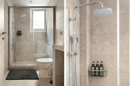 Executive Suite - Estia Premium Apartments في سلانيك: صورتين لحمام مع دش ومرحاض