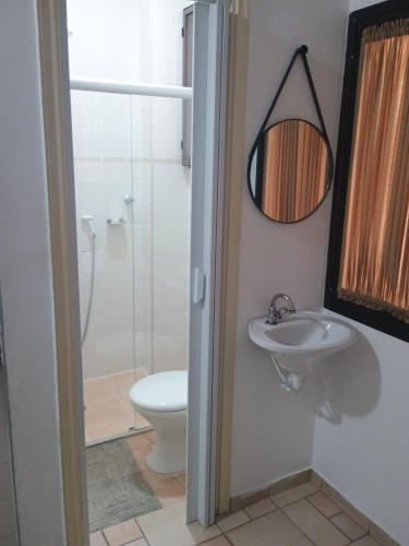 a bathroom with a toilet and a sink and a mirror at Kitnet no interior de São Paulo 25 in Serra Negra