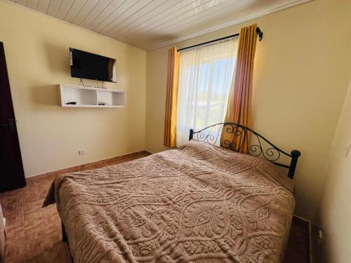 a bedroom with a bed with a television and a window at Cleo luxe villa in Makandara