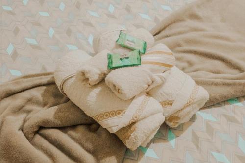 a stuffed animal is laying on top of a blanket at Hospedaria Oliveira - Santo Amaro do Maranhão in Queimada