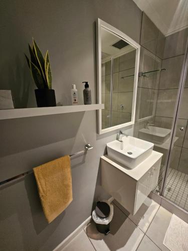 a bathroom with a sink and a mirror and a shower at At Leisure Apartment 2 in Stellenbosch