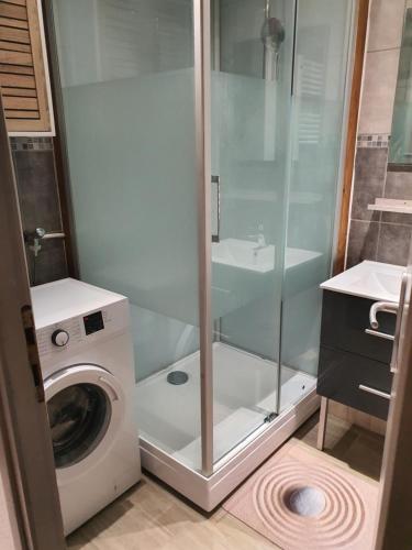 een badkamer met een wasmachine en een wasmachine bij Au Doubs lac in Malbuisson