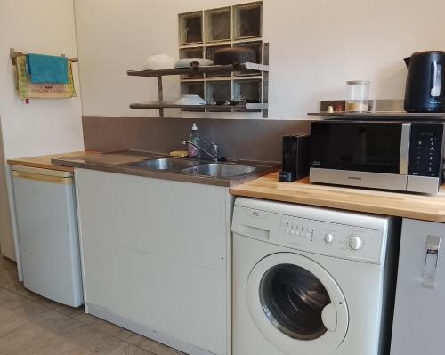 a kitchen with a washing machine and a microwave at Cozy 40 minutes from Geneva & Annecy in Bassy