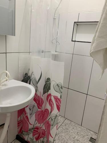 a bathroom with a sink and a shower stall at Pousada Conexão in Itaúnas