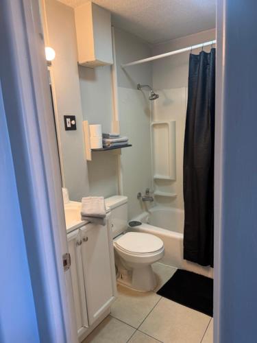 ein Badezimmer mit Toilette, Badewanne und Waschbecken in der Unterkunft The Mint Motel in Rock Springs