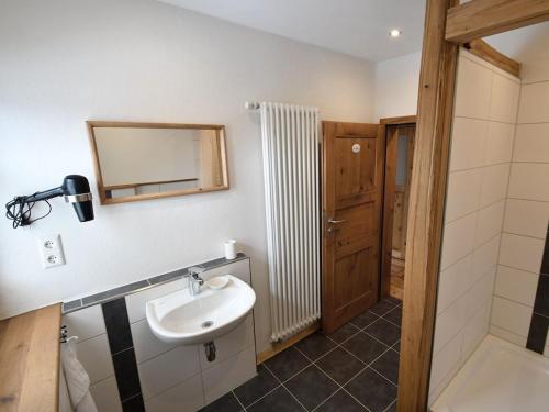une salle de bain avec un lavabo, un miroir et une douche dans l'établissement Ferienhaus Steffens, à Mörz