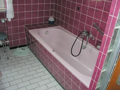 een roze betegelde badkamer met een bad bij Hehner 2 Comfortable holiday residence in Patersberg