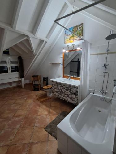 a bathroom with a sink and a bath tub at Duplex Mariposa in Basse-Terre