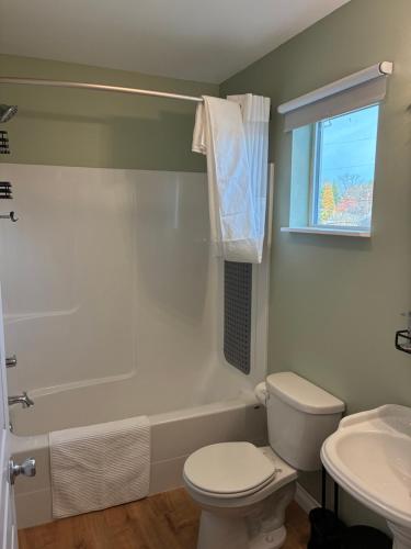 a bathroom with a toilet and a tub and a sink at The Plain Jane-Simple Comfort in Walla Walla Valley Wine Country in Walla Walla