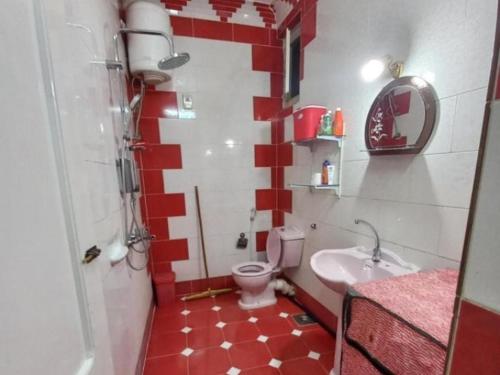 a red and white bathroom with a toilet and a sink at Gana kato in Aswan