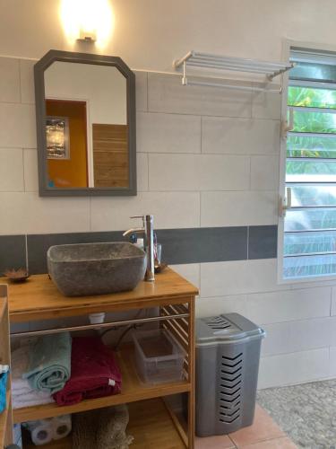 a bathroom with a sink and a mirror at Fare Panaipo in Uturoa