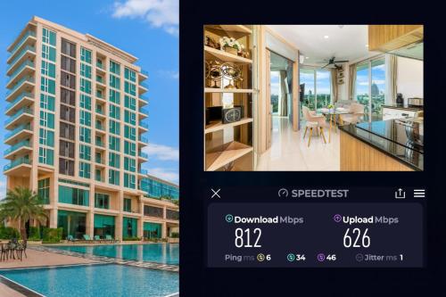 a screenshot of a cell phone with a photo of a building at Rare Panoramic Sea, City & Mountain Views - XXL Balcony - 1Gbps Blazing Fast Free WIFI - Pool - Gym - Pool Table - Steam - Sauna - Bar in Pattaya South