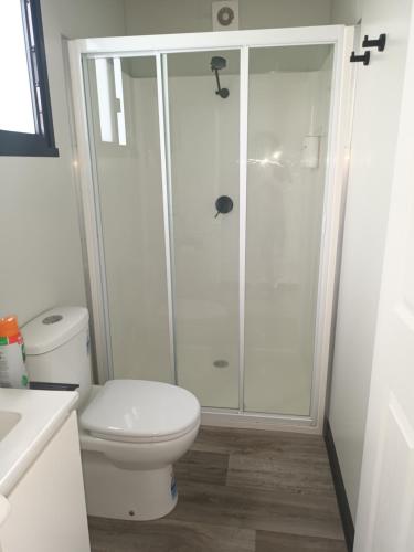 a bathroom with a toilet and a shower at Berry World in Timboon