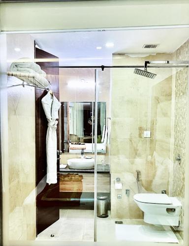 a bathroom with a shower and a toilet and a sink at JK Clarks Exotica - Centrally Located with Stunning Valley View in Dalhousie