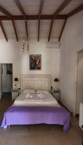 a bedroom with a large bed with purple sheets at Owl's Nest in Volos