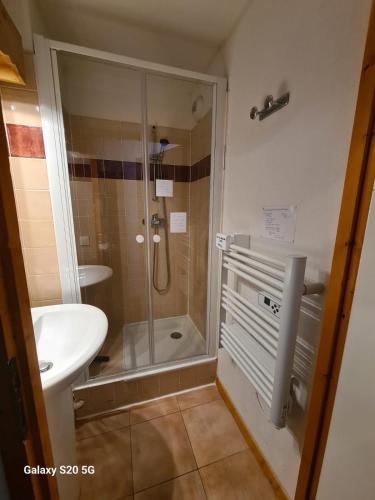 a bathroom with a shower and a toilet and a sink at T3 Les Cristallines in Orcières