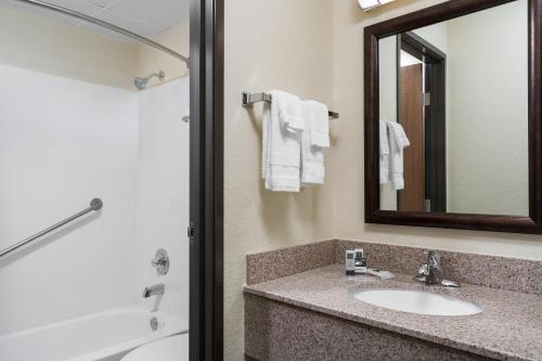 a bathroom with a sink and a mirror and a tub at AmericInn by Wyndham Lake City in Lake City