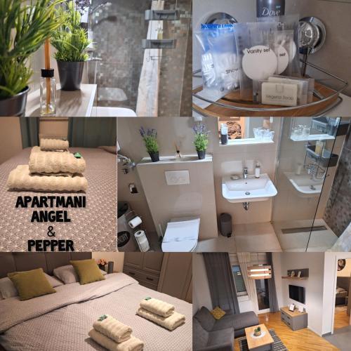 a collage of photos of a bathroom with a bed and a sink at Apartman Angel in Osijek