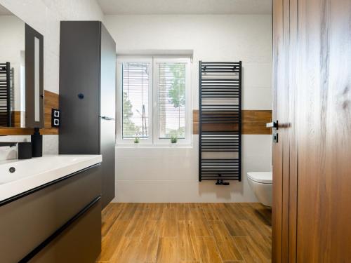a bathroom with a sink and a toilet and a window at Apartmány Bližší Lhota in Bližší Lhota