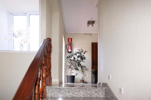 einen Flur mit einer Treppe mit Topfpflanze in der Unterkunft Hotel Santa Cruz in Montaos