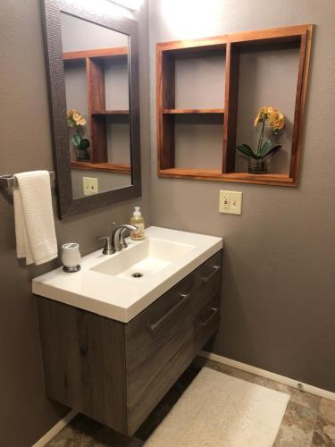 Royal Palm Cottage Hawaii في Hakalau: حمام مزود بحوض ومِرآة