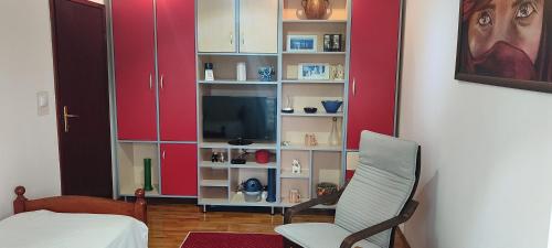 a room with a tv and a chair in a room at HushHush Apartman in Belgrade