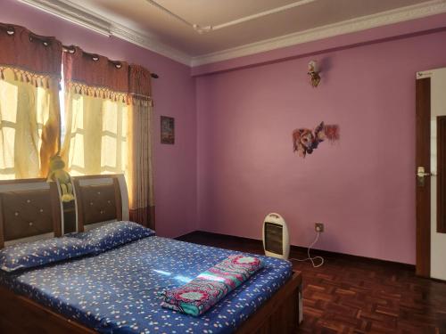 1 dormitorio con 1 cama en una habitación rosa en Below The Hills suite WHome Theatre, en Katmandú