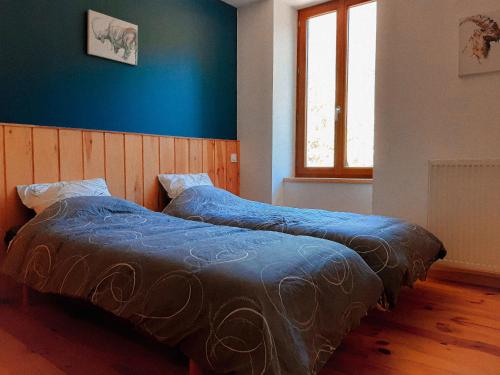 Cette chambre comprend 2 lits dans une chambre dotée de murs bleus et d'une fenêtre. dans l'établissement Gite Les Sabots De Venus, à Aspres-sur-Buëch
