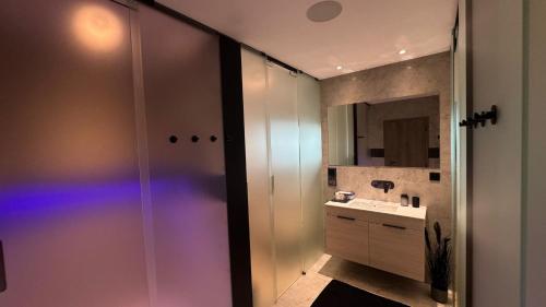 a bathroom with a shower and a sink at Apartmany ZAHRADNICKA in Myjava